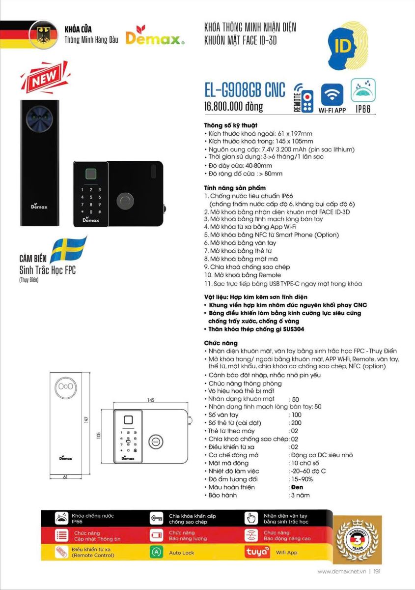 Khoá cửa cổng sắt Demax EL-C908 AC chống nước, Face ID, Remote App wifi - tiêu chuẩn Đức
