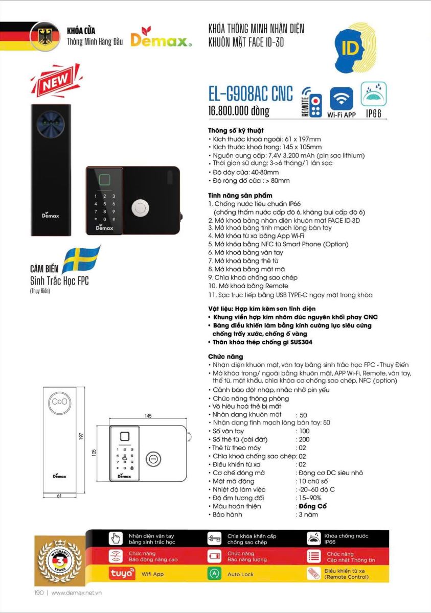 Khoá cửa cổng sắt Demax EL-C908 GB chống nước, Face ID, Remote App wifi - tiêu chuẩn Đức