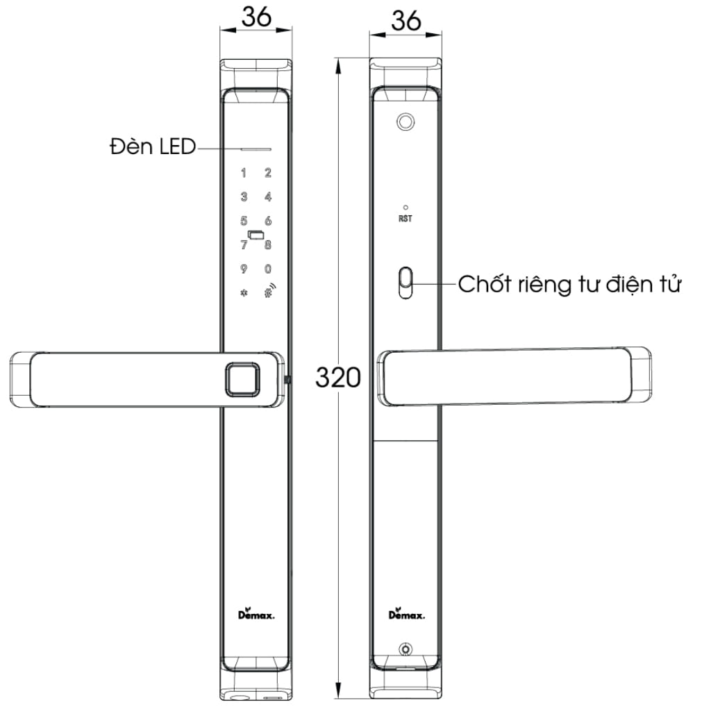 kích thước Khóa vân tay cửa nhôm Demax EL-MS699 BN chống nước 