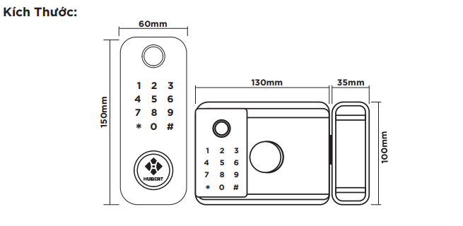 Kích thước Khóa cửa cổng điện tử Hubert HB CC78 Black