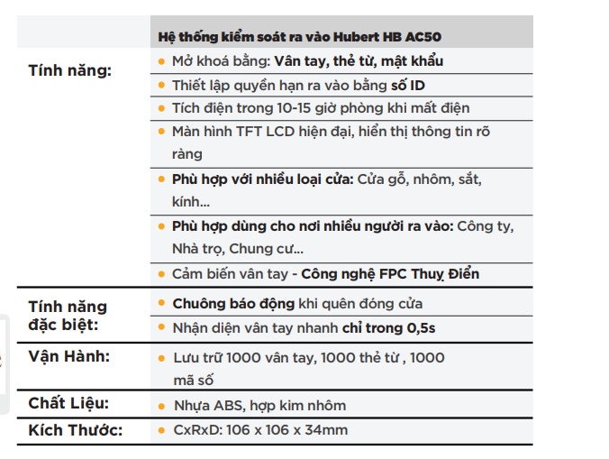 Tính năng Hubert HB AC50