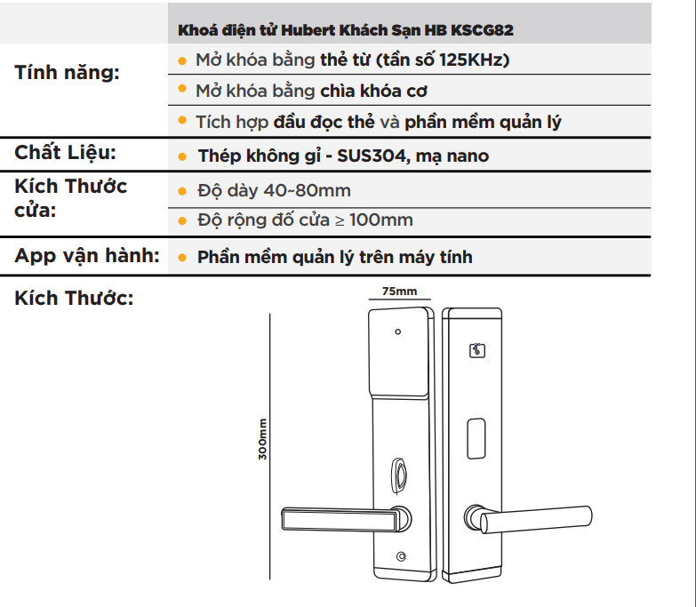 Thông số kỹ thuật của Khóa thẻ từ Hubert HB KSCG82