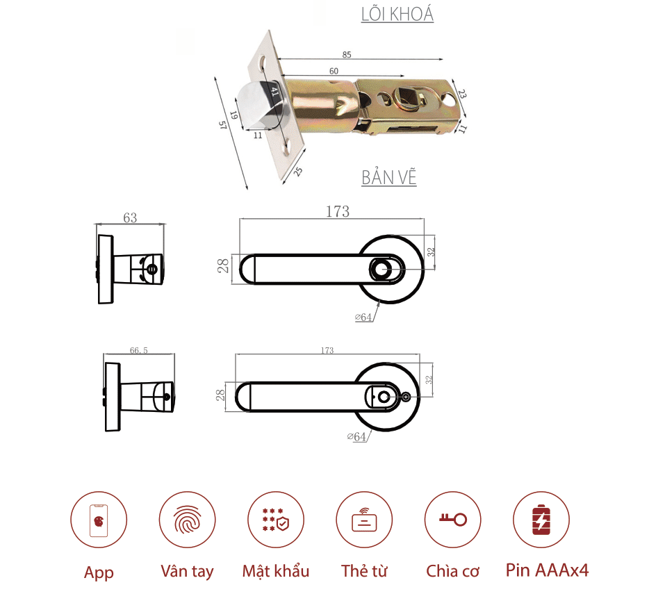 Kích thước khoá avolock AT-105