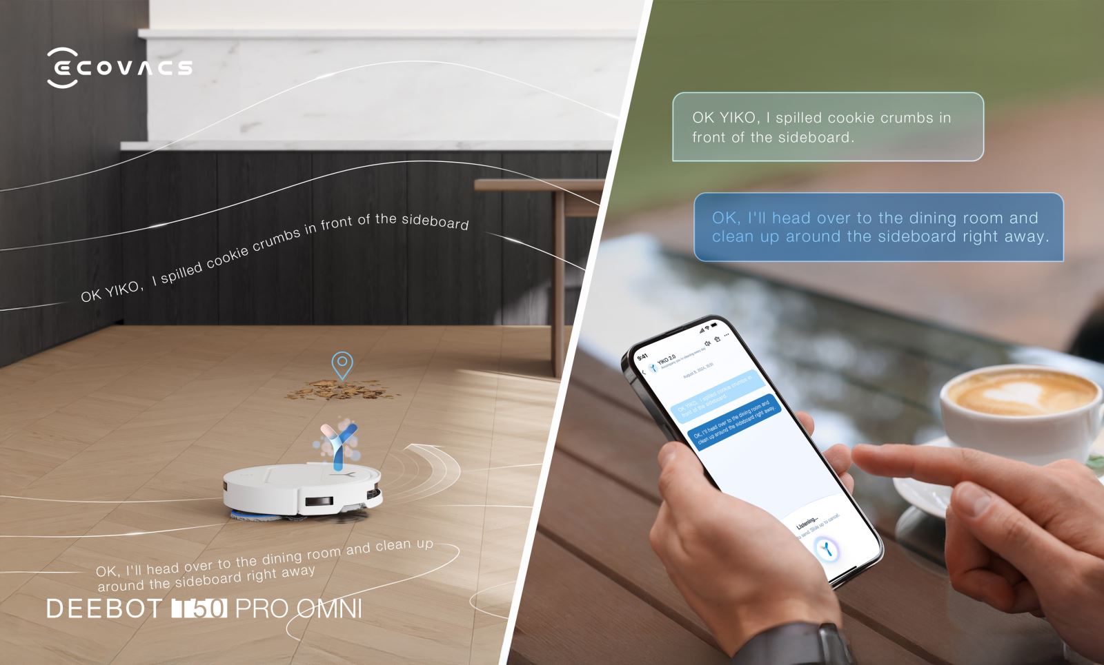 Robot Deebot T50 Pro Omni điều khiển qua trợ lý AI YIKO 2.0