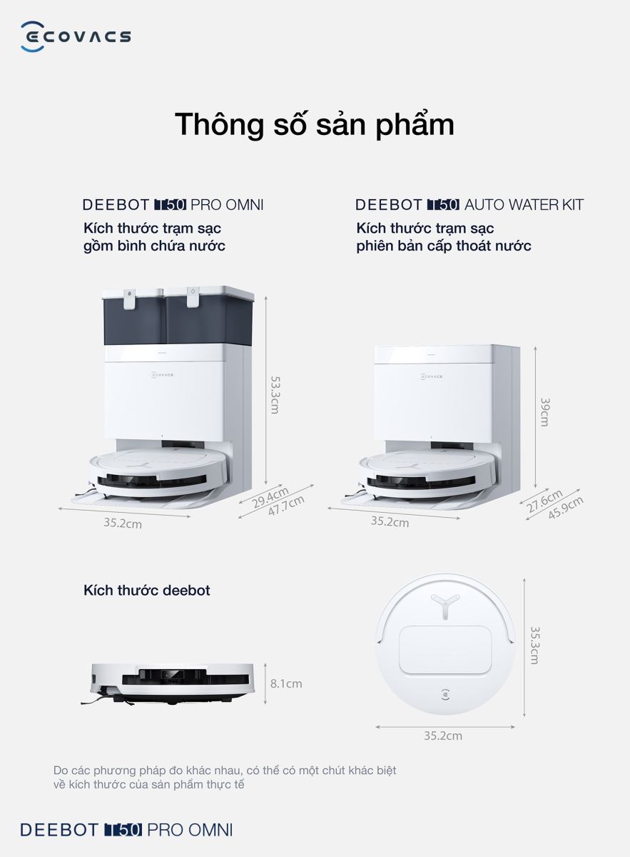 kích thước robot Ecovacs Deebot T50 Pro Omni