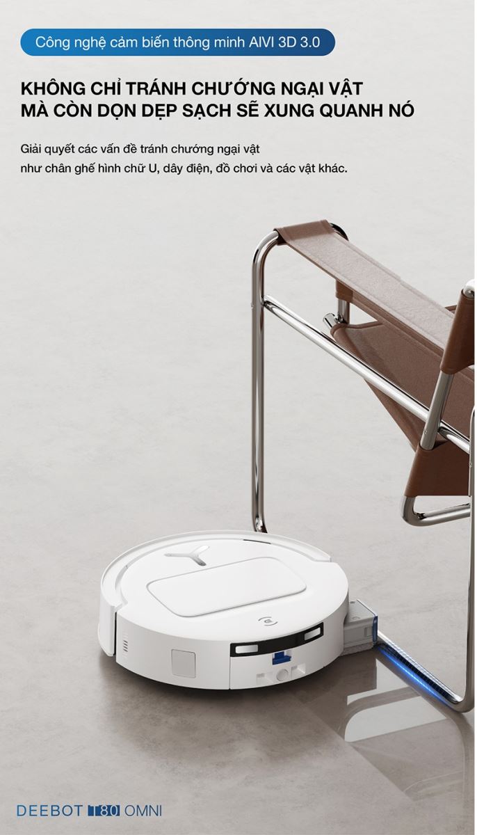 Công nghệ AIVI 3D 3.0 giúp robot hút bụi lau nhà T80 Omni nhận diện vật cản thông minh.