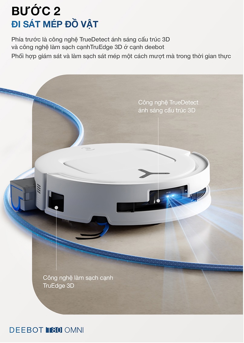 Công nghệ AIVI 3D 3.0 giúp robot hút bụi lau nhà Ecovacs Deebot T80 Omni lập kế hoạch đường đi theo thời gian thực.