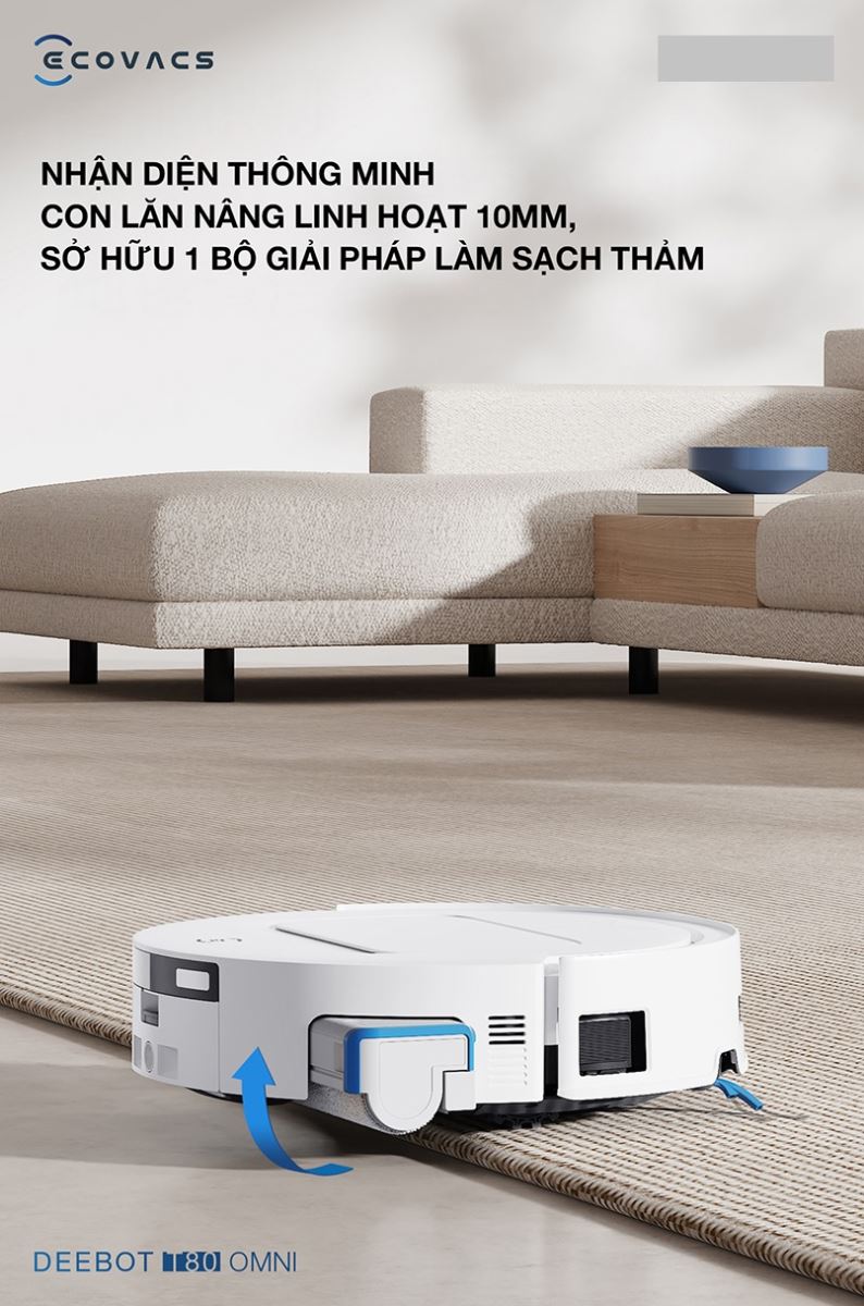 Robot lau nhà Deebot T80 Omni tự động nâng con lăn lên 10mm  khi gặp thảm.