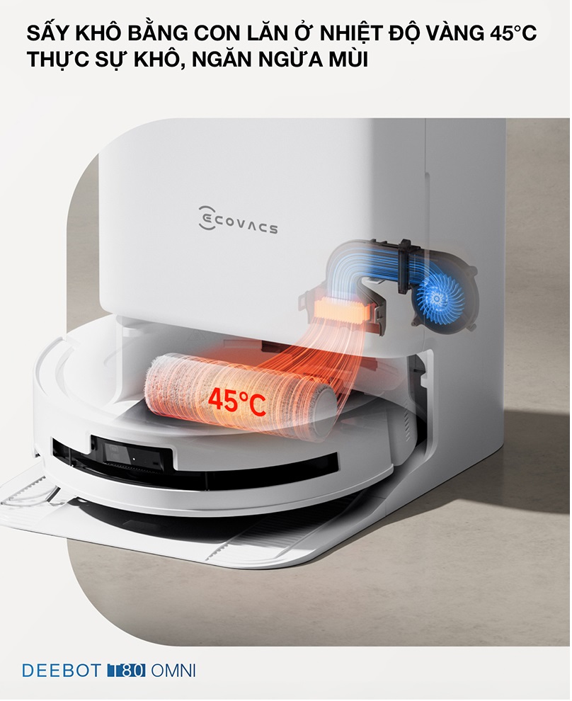 Robot hút bụi Deebot T80 Omni sấy khô con lăn lau nhà bằng không khí nóng 45°C
