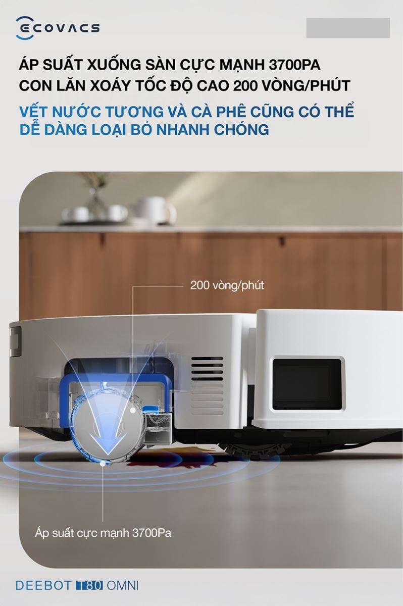 Con lăn lau sàn Ecovacs Deebot T80 Omni quay với tốc độ 200 vòng /phút.