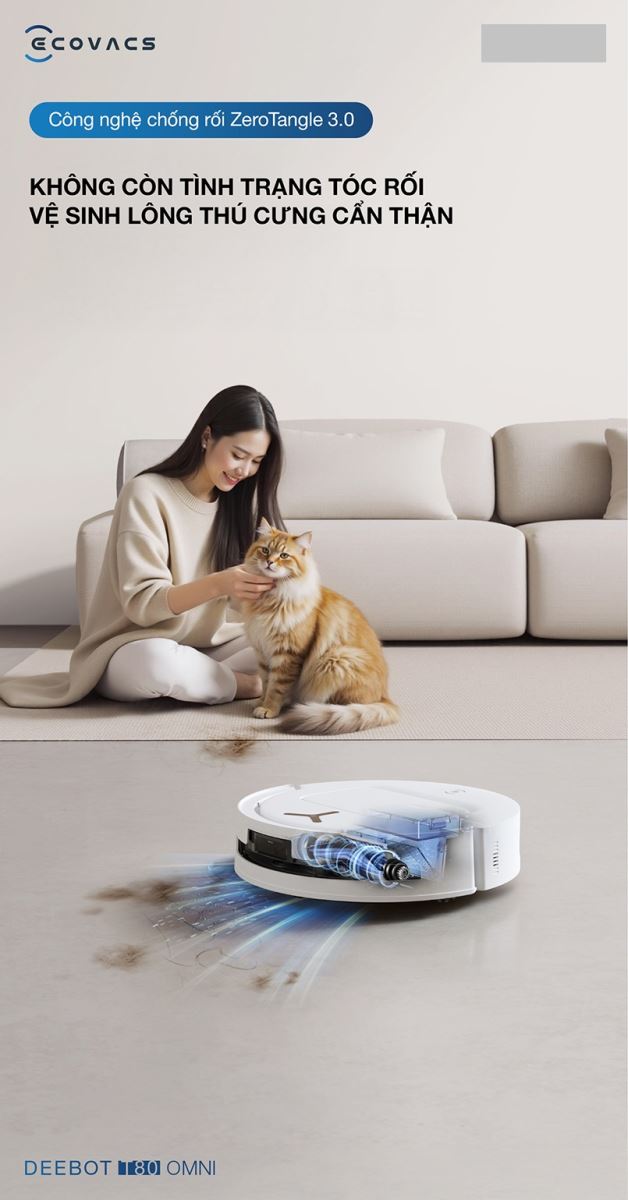 Robot hút bụi Deebot T80 Omni sở hữu hệ thống ZeroTangle 3.0, chống rối hiệu quả.