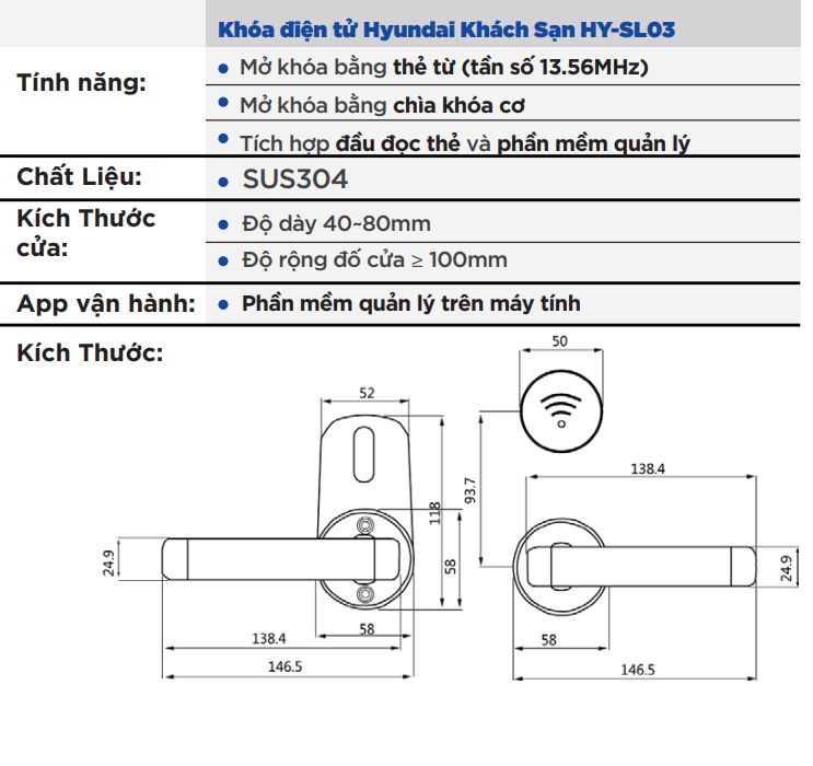 Thông số kỹ thuật của Khóa thẻ từ Hyundai HY-HL03