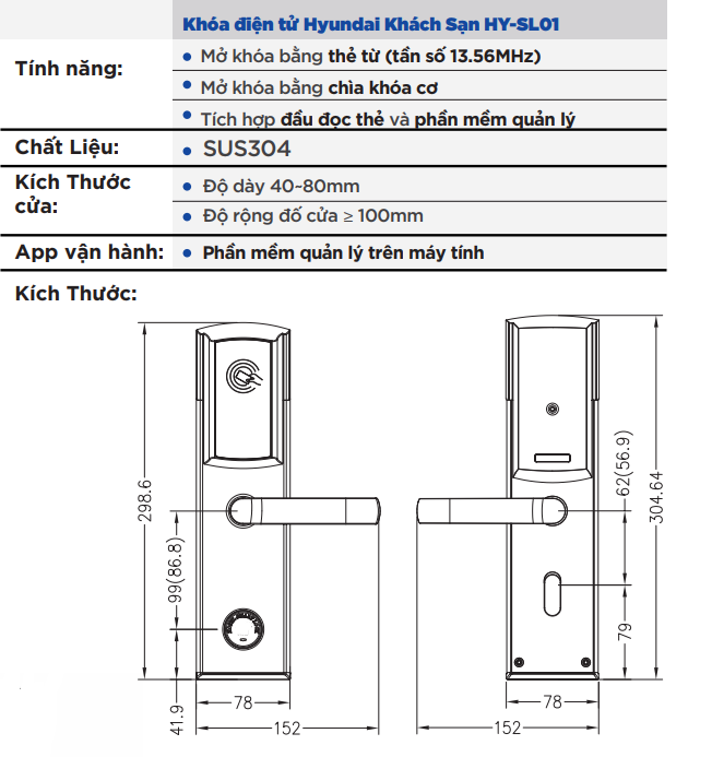 Thông số kỹ thuật của Khóa thẻ từ Hyundai HY-HL01