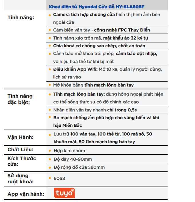 Thông số kỹ thuật Khóa cửa Hyundai HY-SLA808F Brown