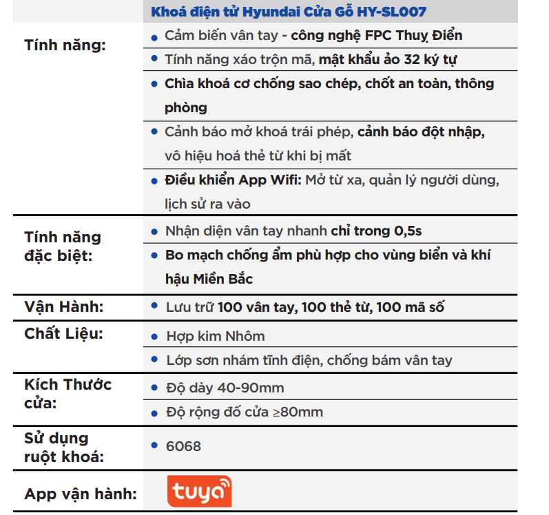 Thông số kỹ thuật Khóa cửa Hyundai HY-SL007 