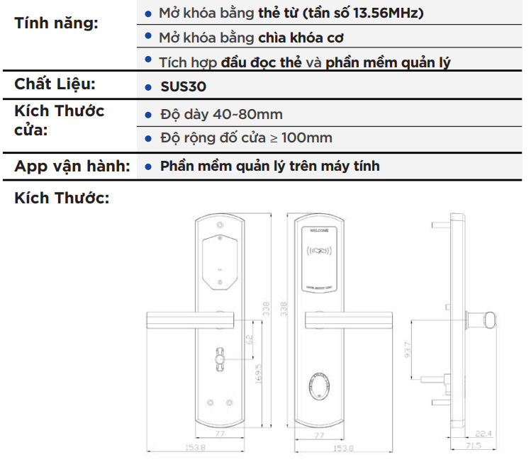 Thông số kỹ thuật của Khóa thẻ từ Hyundai HY-HL04