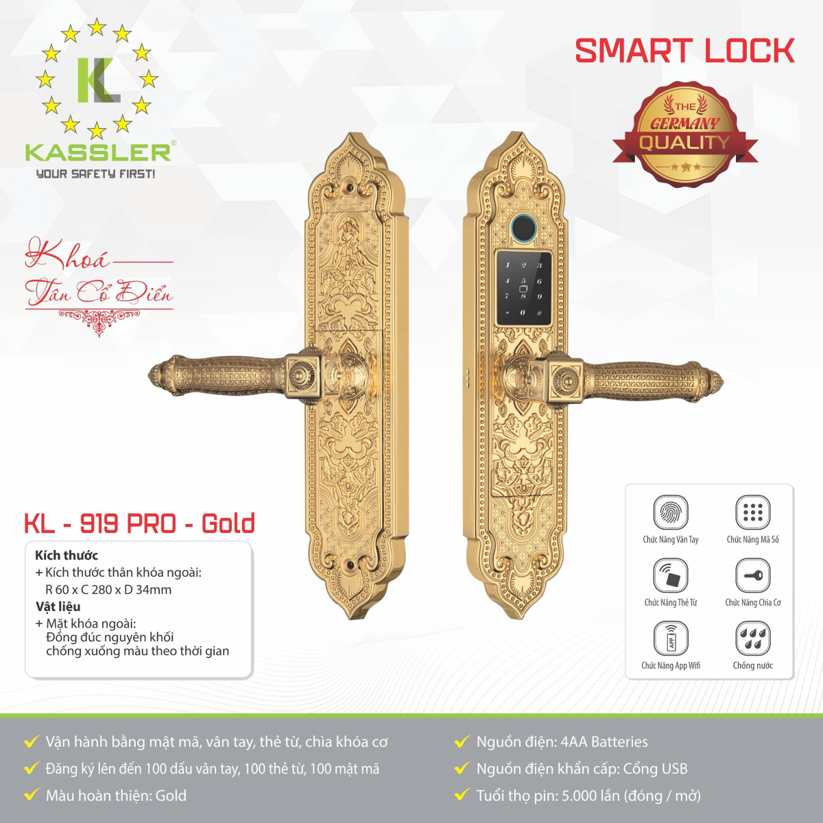 Khóa cửa gỗ tân cổ điển Kassler KL-919 Pro gold App Wifi