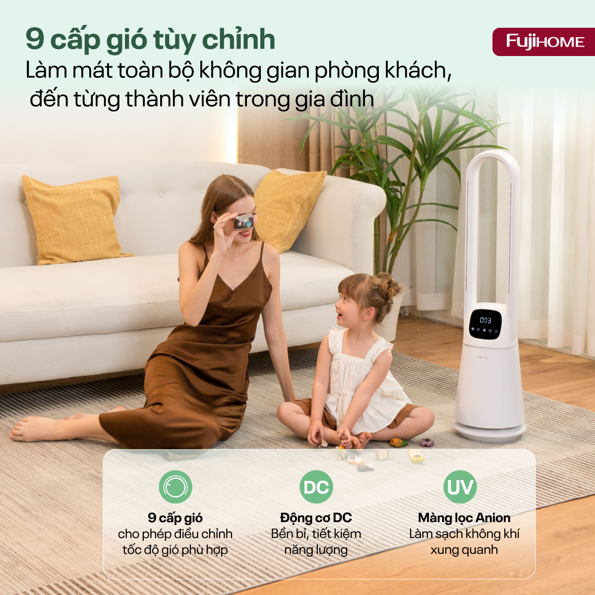 Quạt không cánh lọc không khí HEPA, khử khuẩn Anion + UV kết nối WIFI Fujihome BF22-HEPA