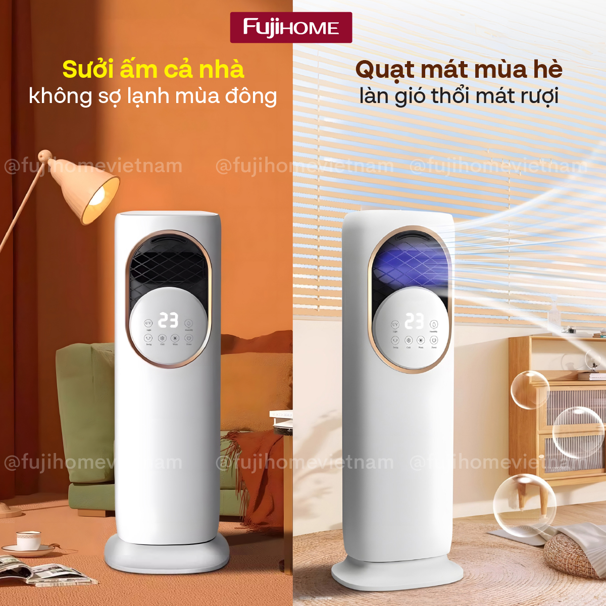 Quạt Làm Mát, Sưởi Ấm và Tạo ẩm Fujihome AC01 2 phiên bản màu trắng và vàng